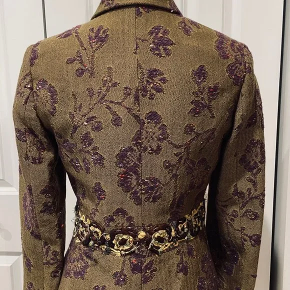 Etro Green Blazer with Floral Brocade and Notched Lapels